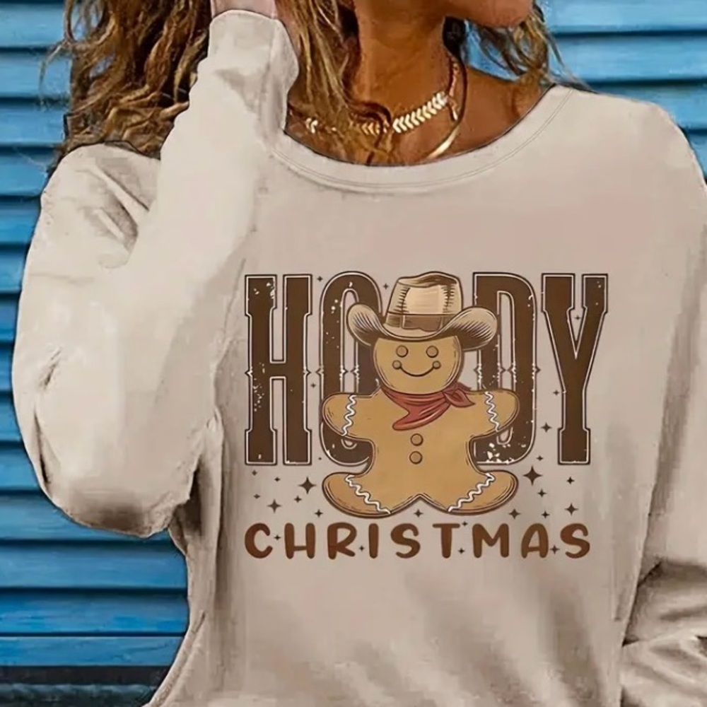 “Howdy Christmas” Cowboy Gingerbread Long Sleeve Tan T-shirt